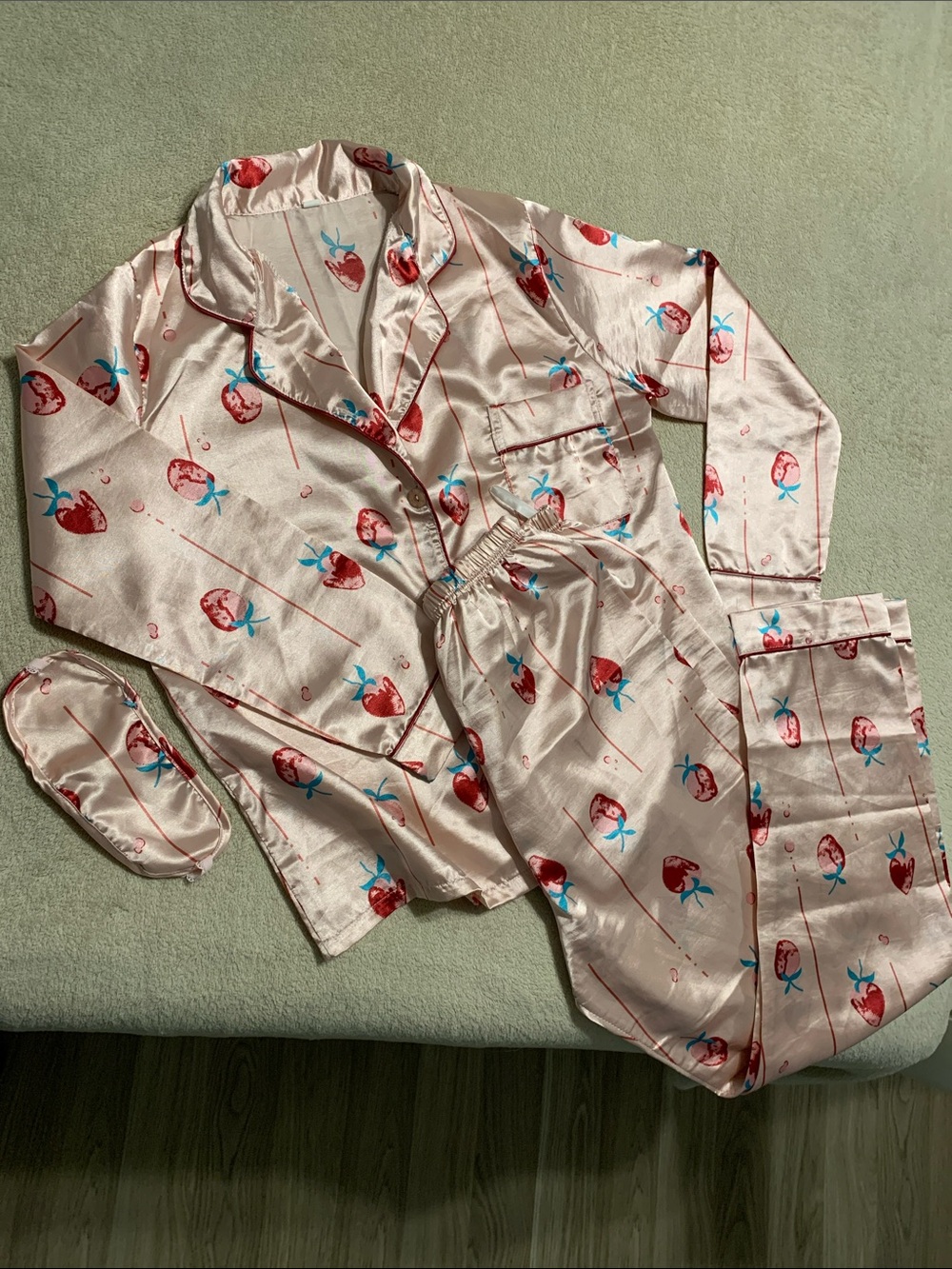SHEIN Pink Satin Strawberry-Print Pajama Set with Eye Mask - Red & Blue Accents